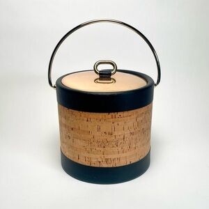 Vintage Kraftware Cork, Faux Black Leather & Gold Ice Bucket 8” With Box MCM